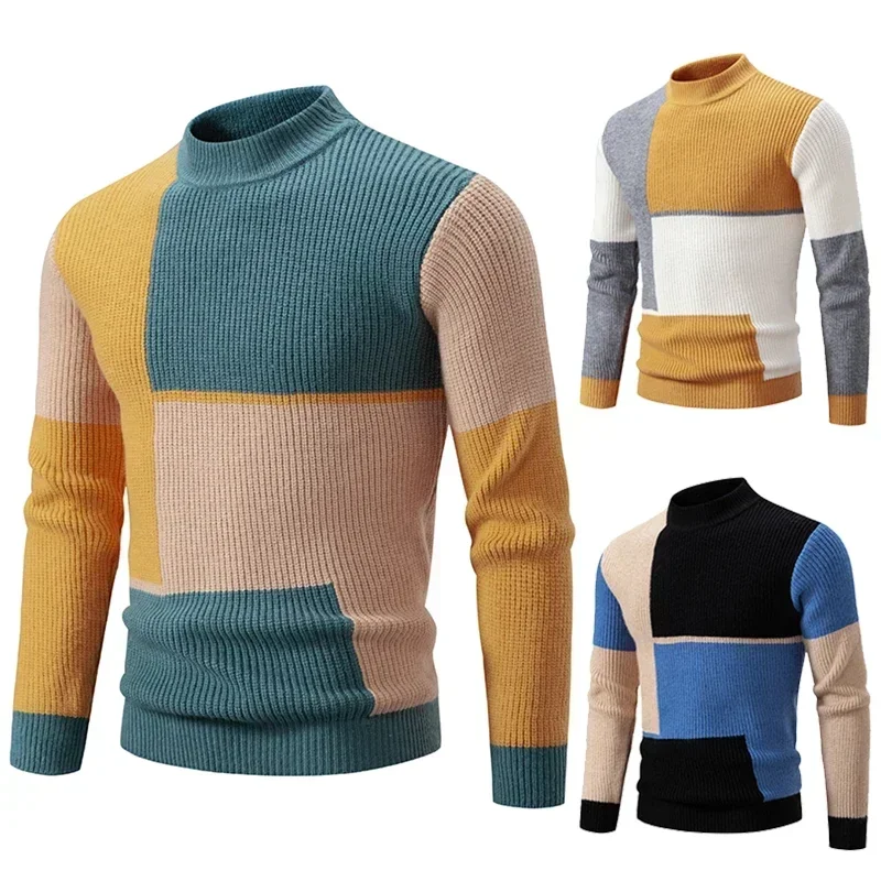 

Новое поступление мужской модный цветной блокирующий теплый свитер зимний Повседневный Универсальный вязаный пуловер с круглым вырезом свитер