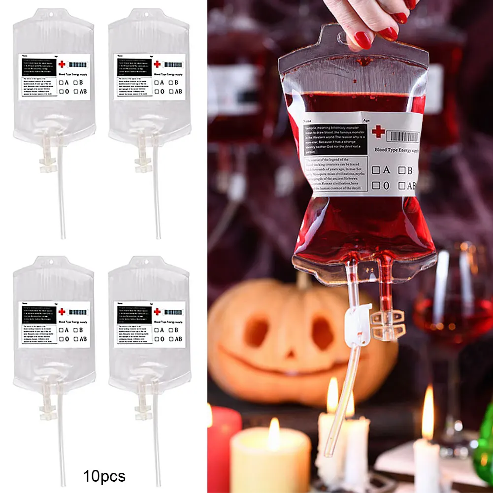 10PCS Blood Energy Drink Bags 350ML Halloween Blood IV Bags Party Drink Container Juice Pouch Prop Vampire Zombie Drinks Bags