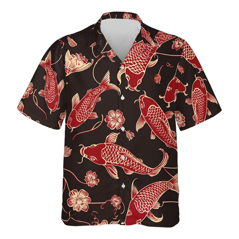 thumbnail image 1 of Camisa hawaiana con estampado 3D de peces koi para hombre, blusas con estampado de animales de buena suerte, camisas hawaianas de verano para la calle, blusas con solapa y mangas cortas, 1 of 5