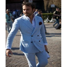 

New Arrival Men's Peak Lapel Linen Suits Hot Selling Custom Made Double Breasted Handsome Casual Wear Blazer 2 Pieces Skinny