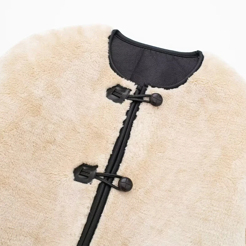 Vintage Lambs Wool Jacket For Women Loose Fleece O-neck Single Breasted Pockets Long Sleeve Fur Coat Autumn Winter Lady Outwear