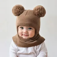 Chapeau une pièce à capuche pour enfants, équipé d'un dispositifs de protection des oreilles et du cou, pour la chaleur, bonnet tricoté à Double boule, 1 pièce/2 pièces 3