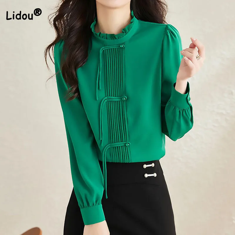 

Spring Autumn Fashion Ruffles Stand Collar Long Sleeve Blouse Simplicity Elegant Solid Folds Spliced Shirt Women's Clothing