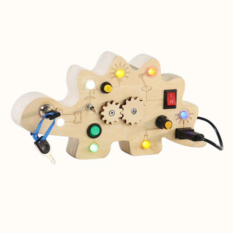 

Baby Montessori Wooden Busy Board with LED Light Sensory Educational Activities Travel for Toddlers 1-3Y Toggle Switch dinosaur