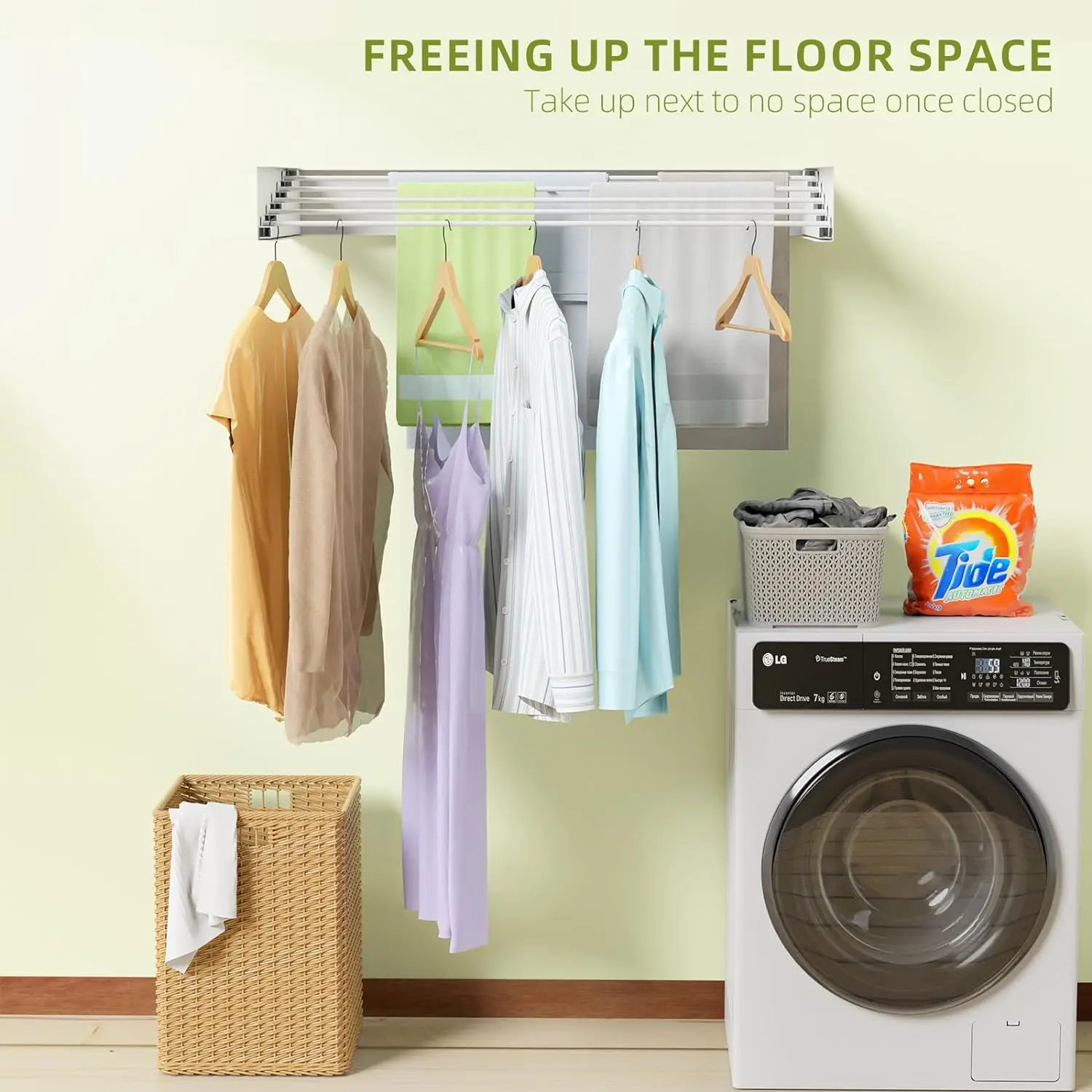 Collapsible Laundry Drying Rack Wall Mounted Clothes Drying Rack 5 Aluminum Rods Space Saving Laundry Racks for Drying Clothes 3