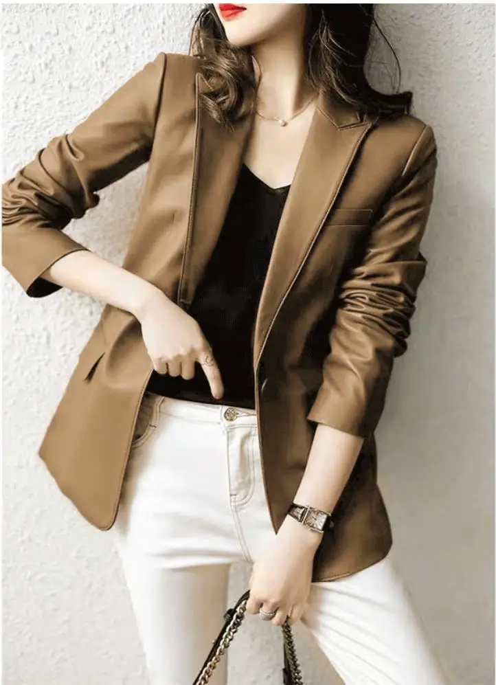 Sheepskin Coat Blazer Mujer Single Button Suit Collar Chic and Elegant Woman Jacket Slim Real Topscoat - AliExpress
