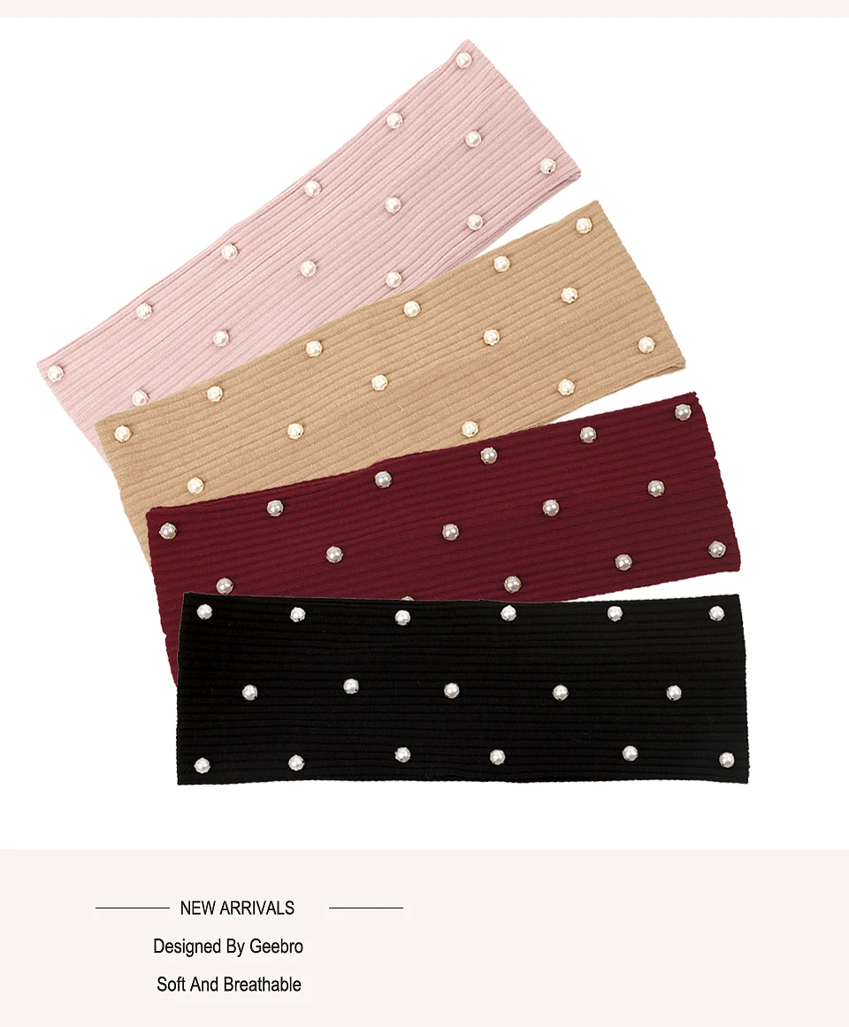Geebro Frauen Perle Geripptes Stirnband Haar Zubehör Streifen Elastische Baumwolle Weiche Stirnband Weibliche Dame Mädchen Haarband – Detail 7