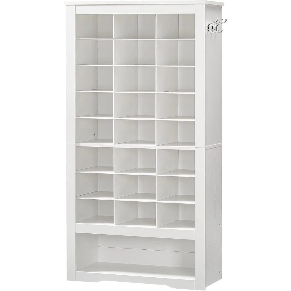 Tall Shoe Cabinet, 9 Tier Shoe Storage Cabinet, Freestanding Wooden Shoe Cabinet Organizer with 24 Cubbies and 3 Hooks
