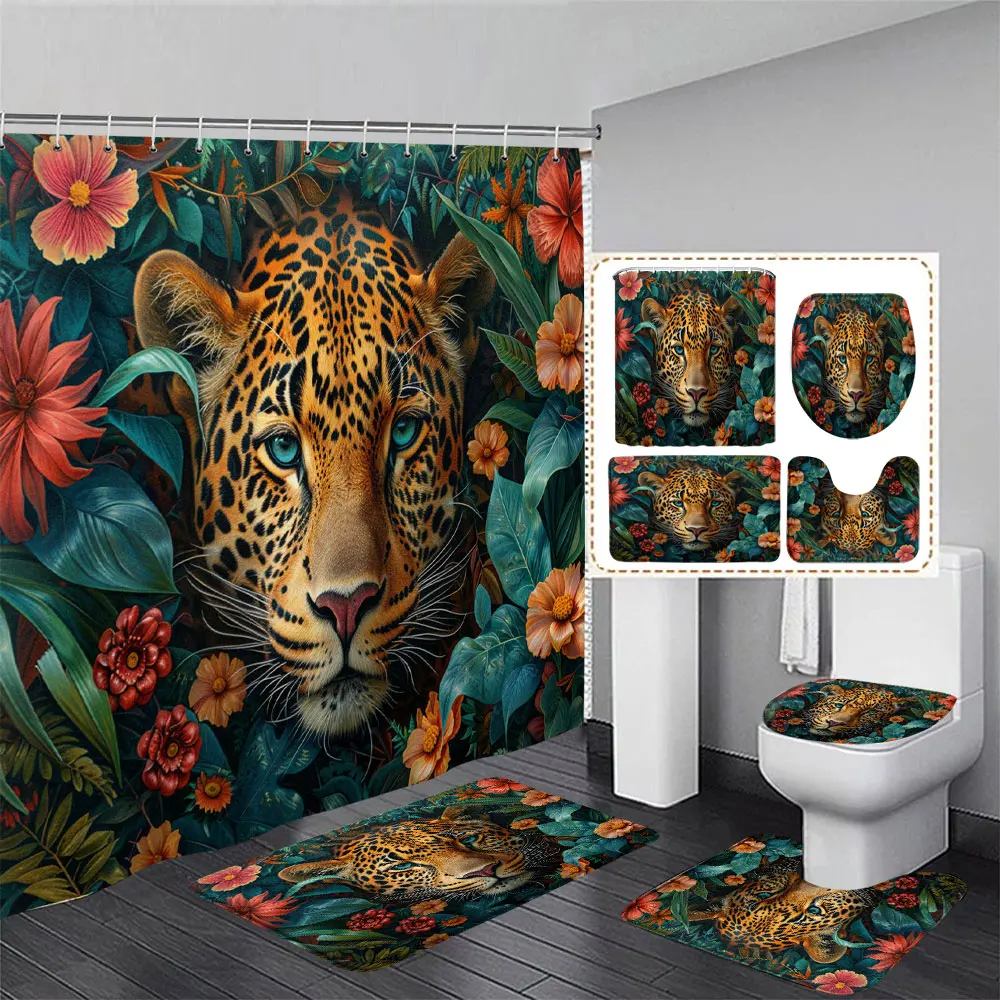 

Tiger Shower Curtain and Rug Set Jungle Wildlife Botanical Tropical Palm Leaf Shower Curtains Bath Mat Toilet Mat Bathroom Decor