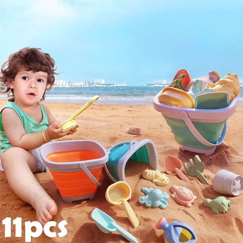 1/11PCS Summer Beach Set Toys for Kids Digging Sand Folding Bucket Watering Bottle Shovels Children Beach Water Game Toys Tools 2