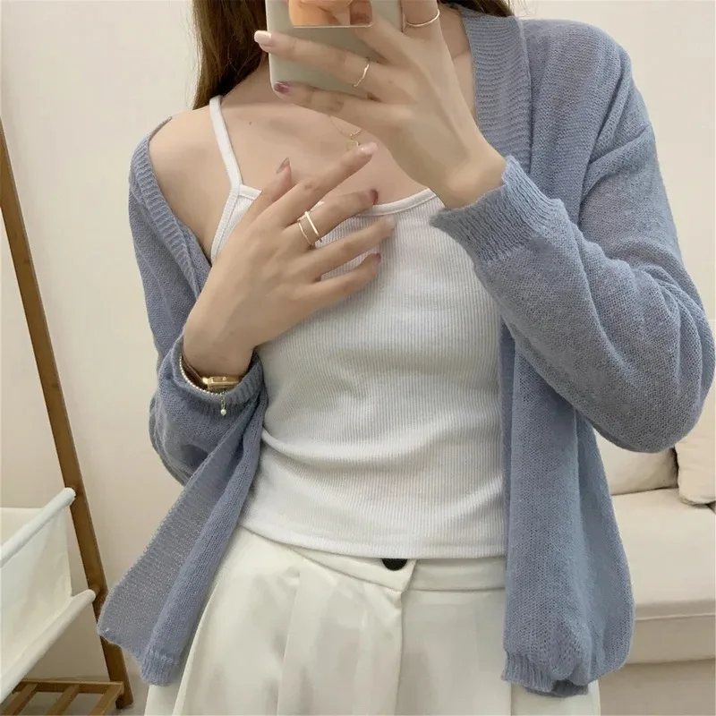 2025 Autumn New Women's Thin Knitted Sweater Fashion Cardigan Solid Color Sunscreen Sweater Jacket Knitwear