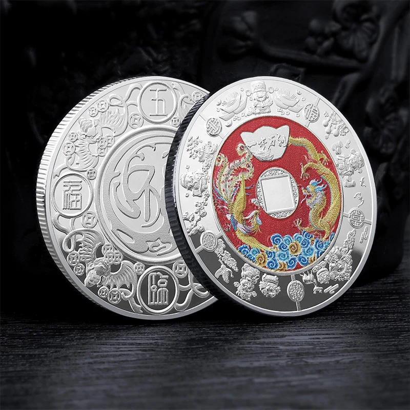 

Chinese Wufu God of Wealth Commemorative Coin Colorful Coins