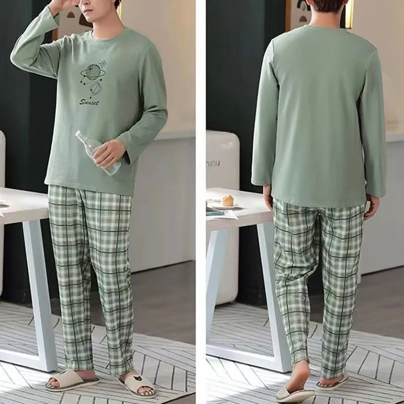 Man Pajamas Set Men Pajamas Long-Sleeved Autumn and Winter Pajamas Student Homewear Teenagers Autumn Striped Men Homewear Large Size Xl