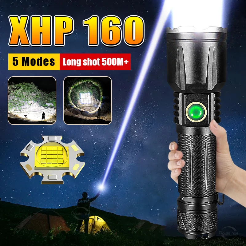 

High Powerful XHP160 Flashlights Ultra Bright LED Tactical Flash Light TYPE-C Rechargeable Lantern Telescopic Zoom Outdoor Torch