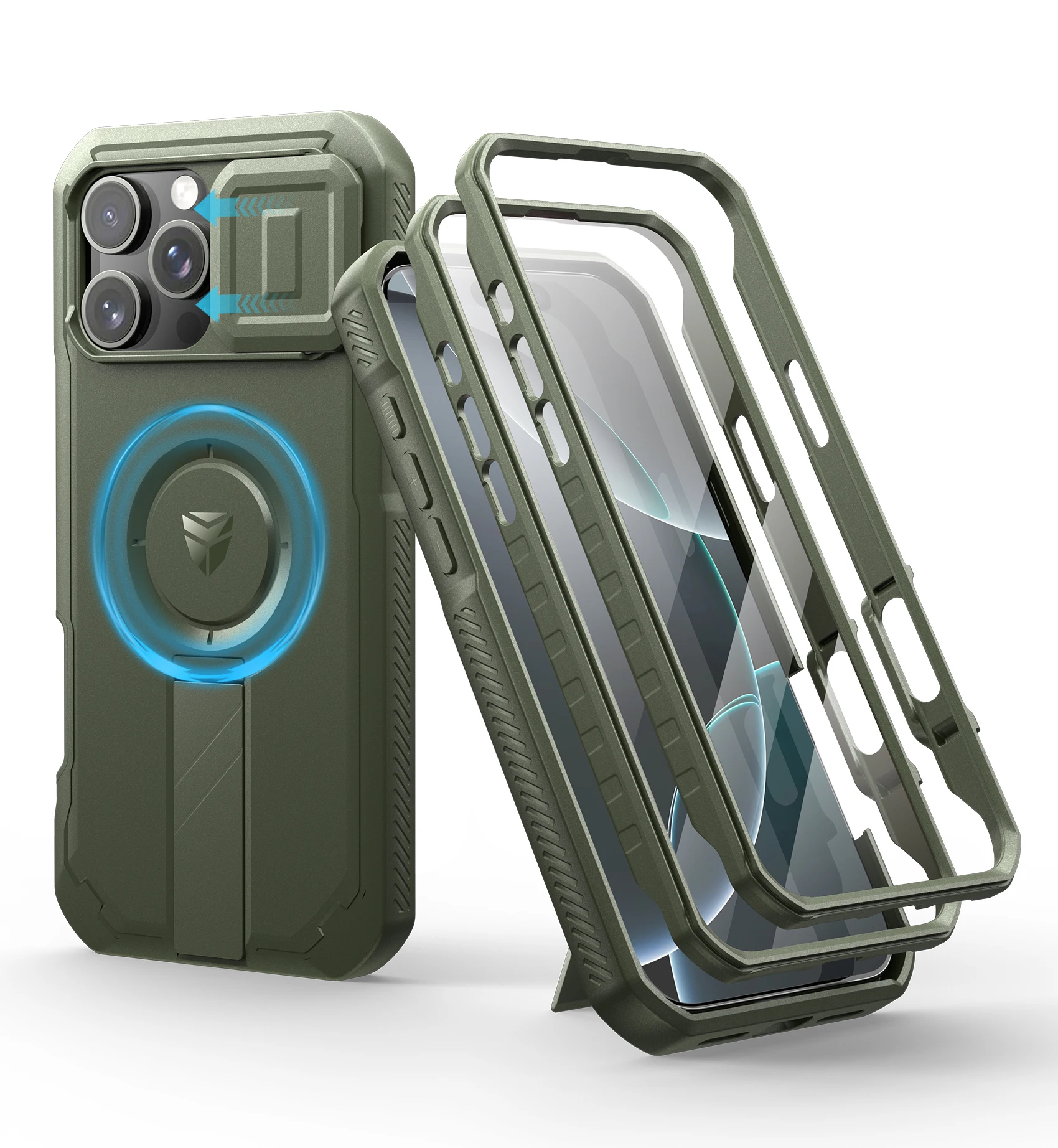 Rugged Armor Shockproof Case with Sliding Camera Cover, Screen Protector, and Kickstand