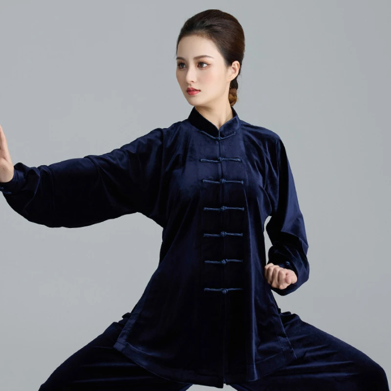 

Velvet Martial Arts Uniform Winter Thick Warm Tai Chi Clothes Kung Fu Clothing Navy Blue for Women for Men New