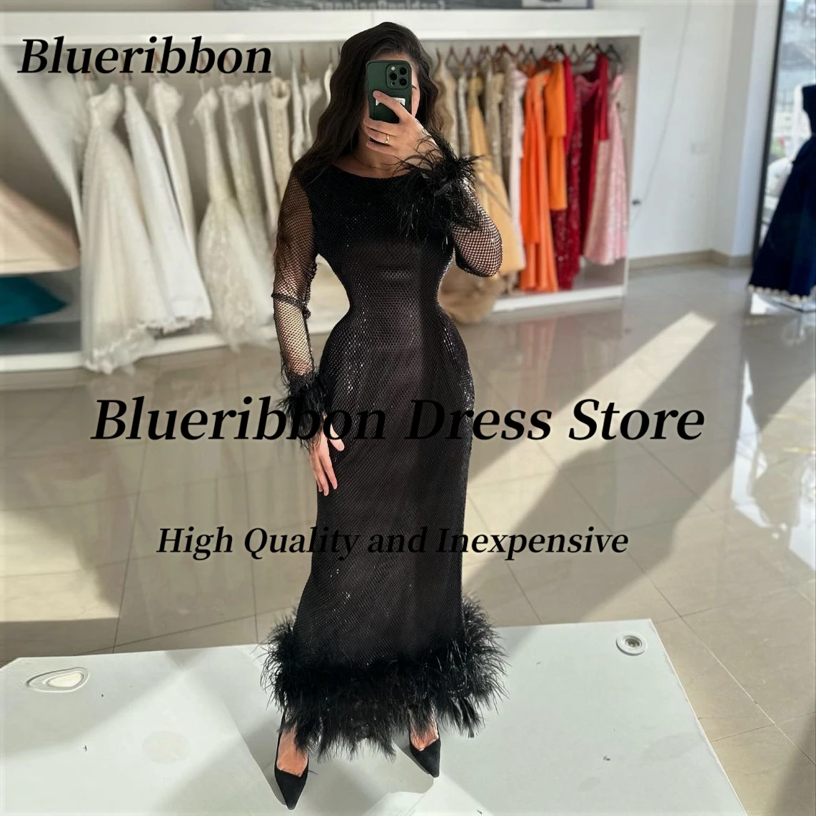

Женское коктейльное платье Blueribbon, черное платье до щиколотки с круглым вырезом и длинными рукавами, 2024