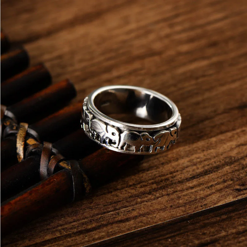 

S999 Sterling silver personalized rotating elephant ring for men and women couples simple outer ring can be rotated ring