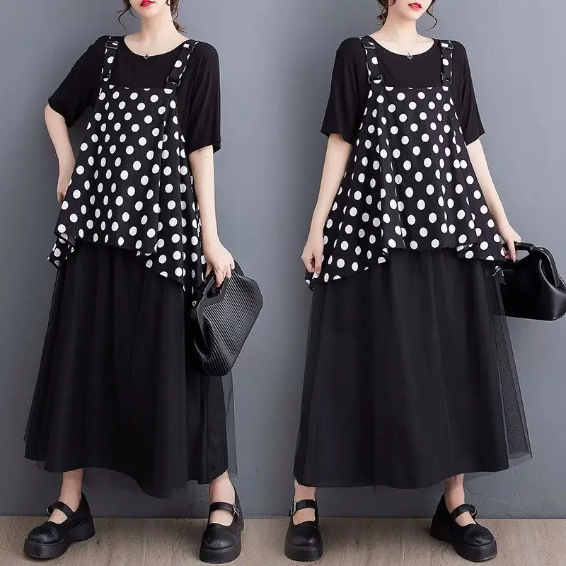 

Oversized Women's Sling Dress 2023 New Korean Versatile Style Relaxed Slim Polka Dot Splice Strap Dress Casual Clothing Z705