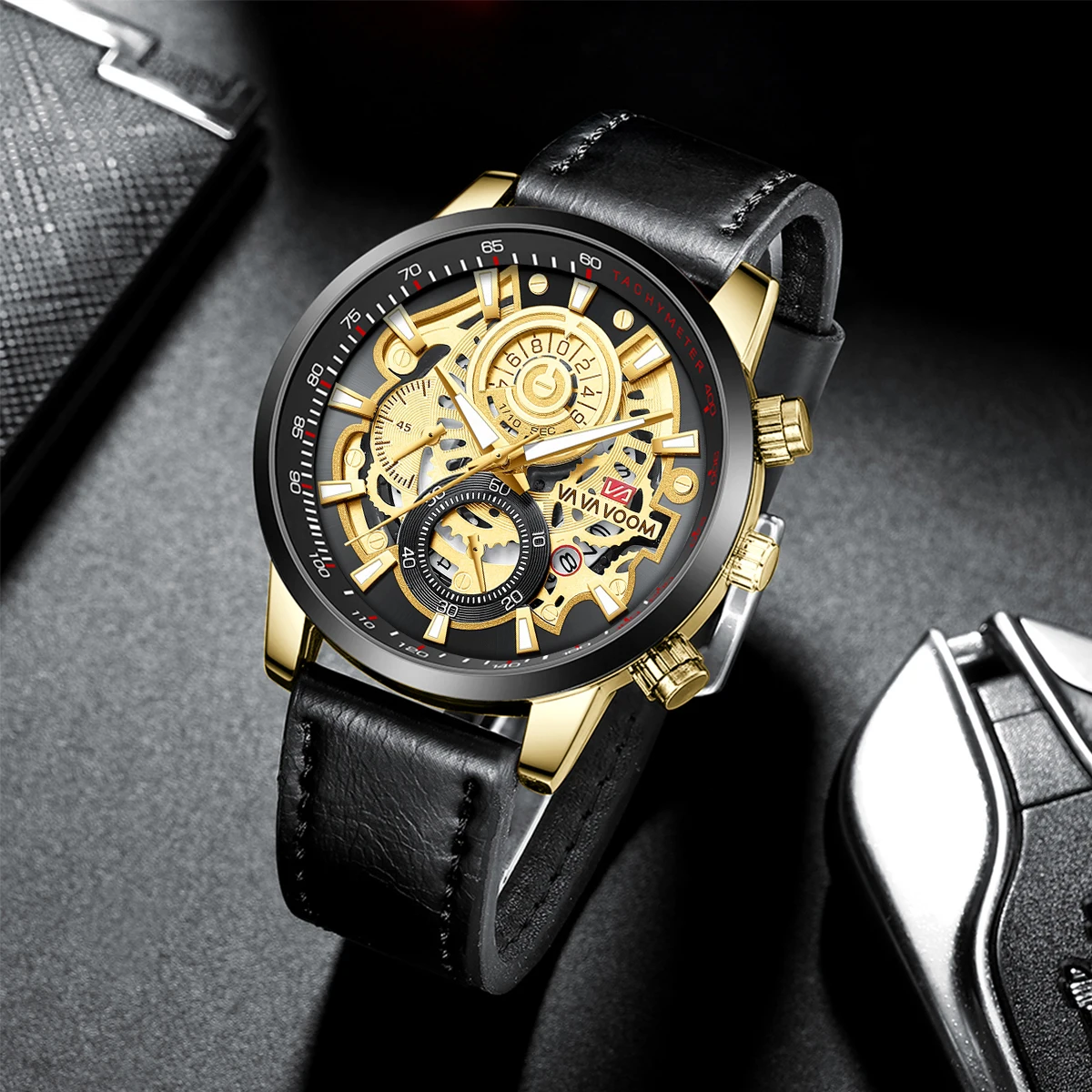 Brand Men Leather Watch Fashion Industrial Gear Clock 45mm Gold Quartz Movement Waterproof Man Military Sports Watch_voghion.com