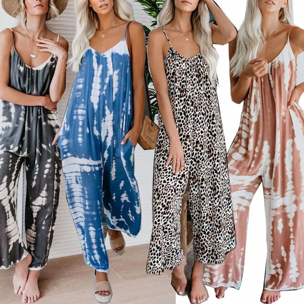 

Summer Romper Sleeveless Loose Oversized Print Contrast Colors Low-cut Casual Backless Spaghetti Strap Lady Jumpsuit Overalls