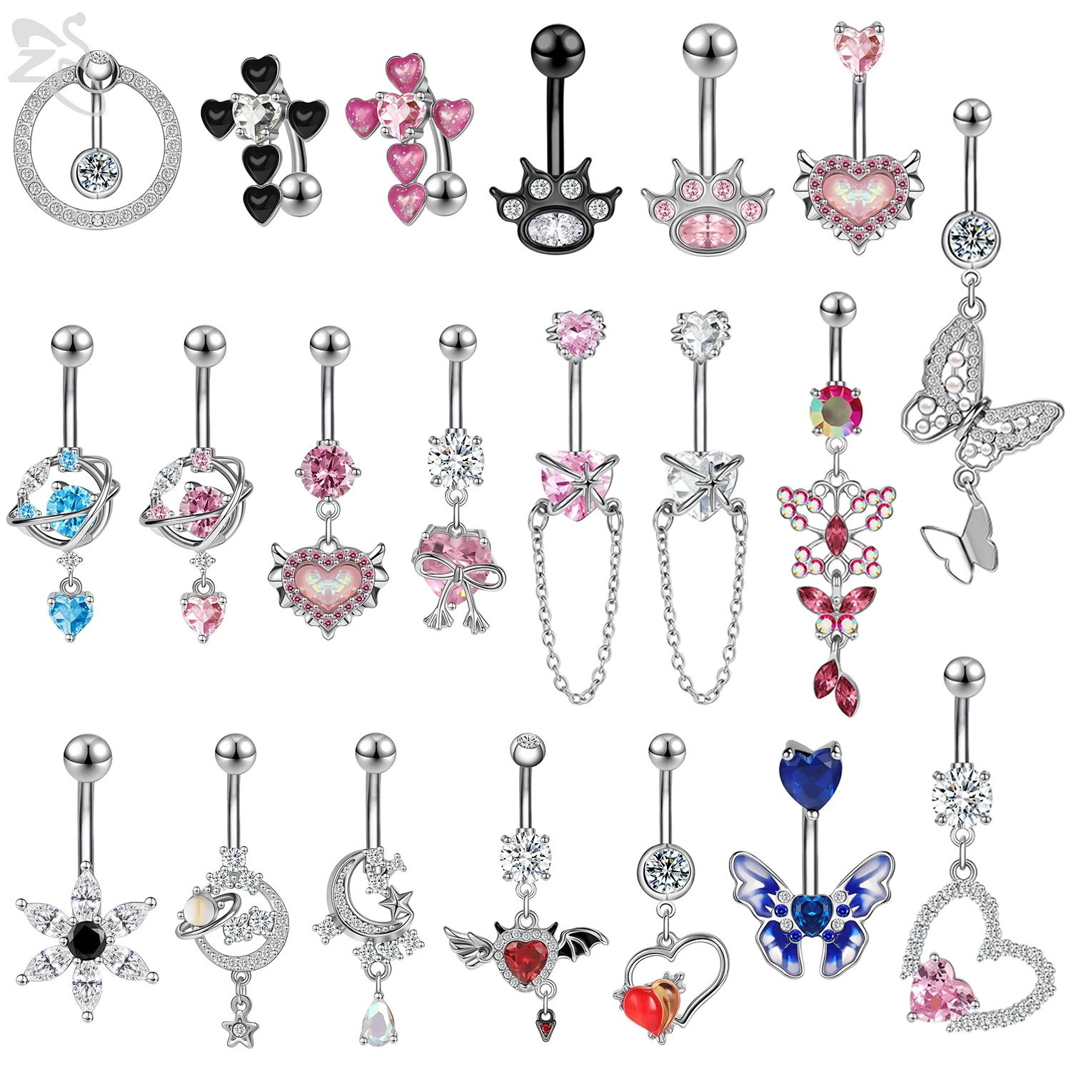 

ZS 1 Piece Heart Shape 14G Stainless Steel Belly Button Ring Pink CZ Crystal Navel Piercings Barbell Body Piercing Jewelry 10MM