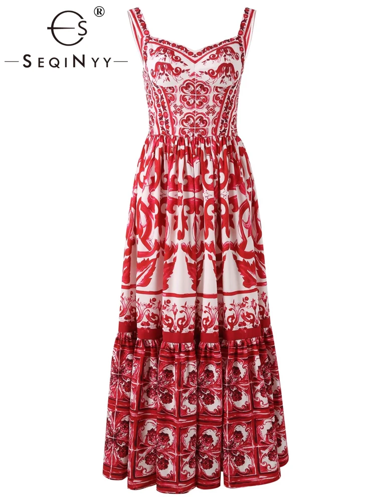 

SEQINYY Elegant Midi Dress Summer Spring New Fashion Design Women Runway High Street Vintage Red Flowers Print Sicily Strapless