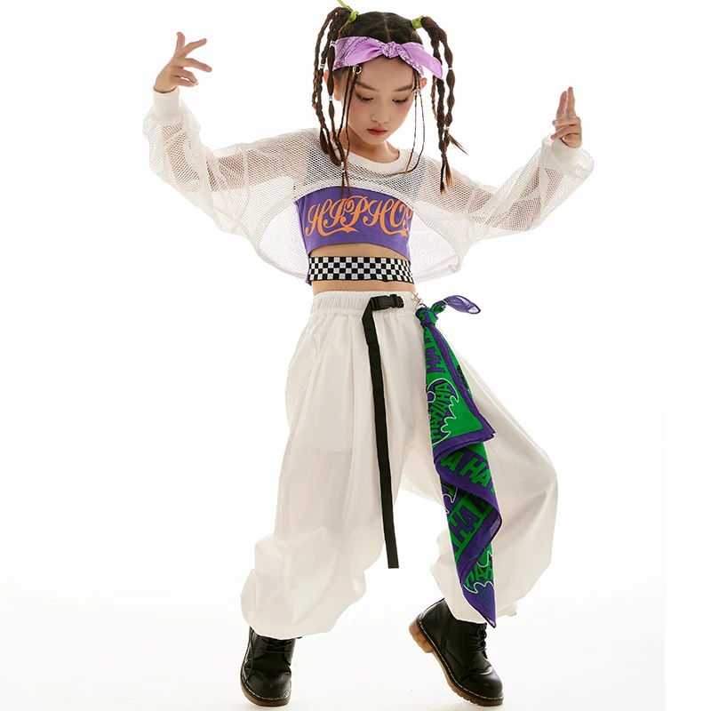 

Children Jazz Dance Costumes For Kids White Mesh Sleeved Loose Pants Street Dance Wear Girls Ballroom Hip Hop Clothes DN13863