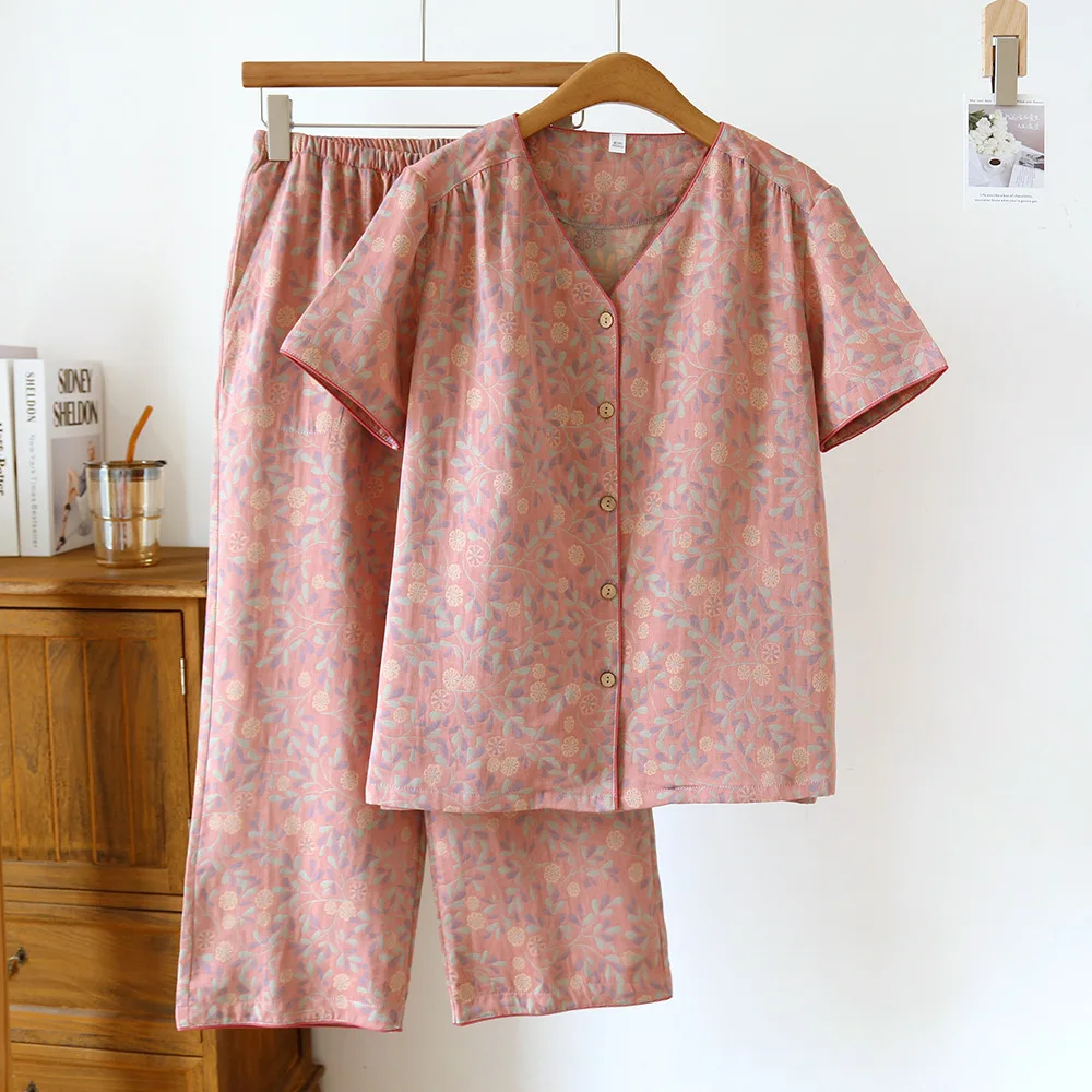 100% Cotton Sleepwear Women's Summer Suit Female Home Clothes 2 Pieces Lady Pajama Sets V-Neck Floral Print Lounge Wear