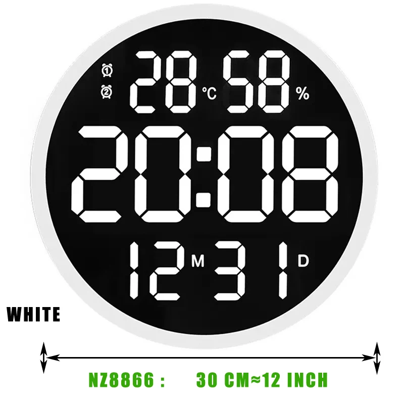 10 or 12 Inch Big Digital Led Wall Clock Alarm with Calendar,Smart Brightness,Humidity,Temperature Thermometer.Modern Home Decor 