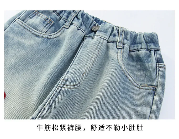 الفتيات فضفاضة واسعة الساق الجينز السراويل الناعمة الأطفال Bowknot التطريز مستقيم الدنيم السراويل ربيع الخريف الملابس 5-12 سنة