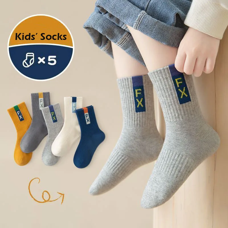 5 Pairs Children's Socks Autumn Mid-calf Length Cotton Socks Kids Boys Sporty Socks Crew Sock 2