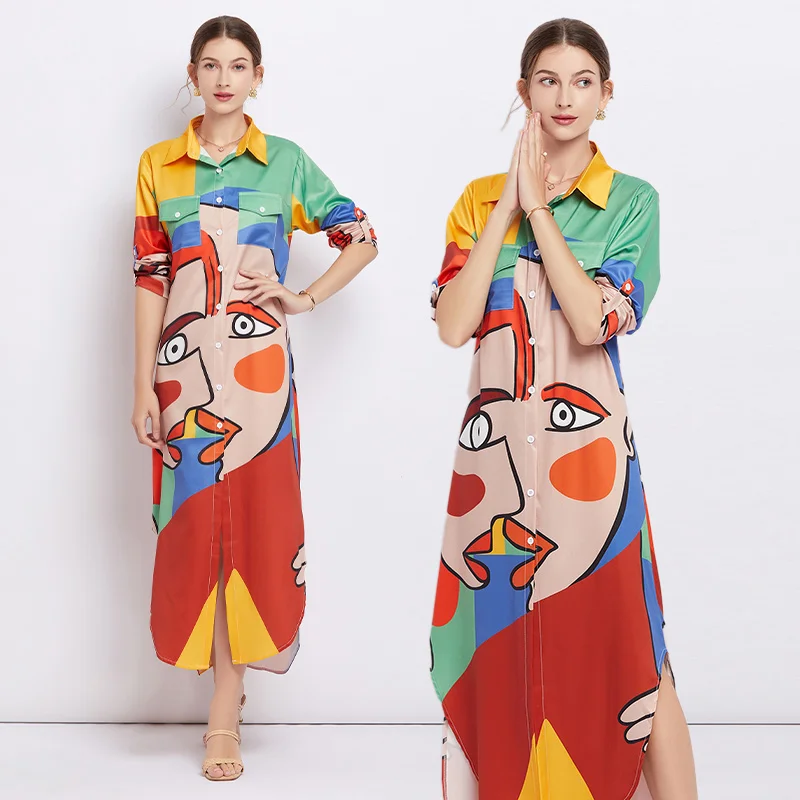 

Spring and Autumn New Print Contrast Color Shirt Long Dress Fashionable and Elegant Two Wear Skirt Long Sleeve Dress