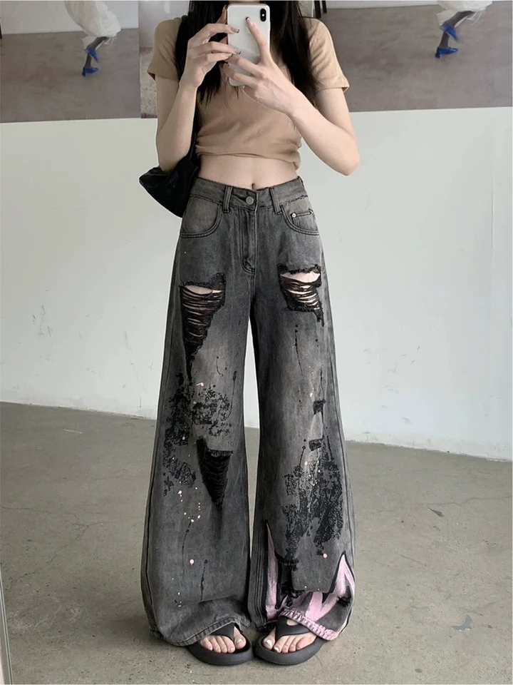 Women's Black Gothic Y2k Baggy Jeans Harajuku Vintage Denim