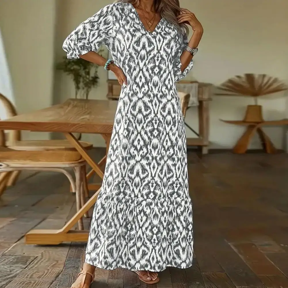 

Women Printed Dress Stylish Women's V-neck Maxi Dress Colorful Print Patchwork Loose Fit Ankle Length for Spring Fall