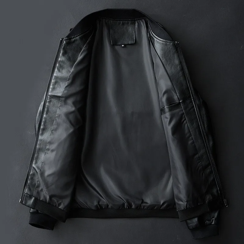 Men standing collar Jacke, leather motorcycle jacket men,bomber leather coat，fashion trend personalized leather winter clothing 5