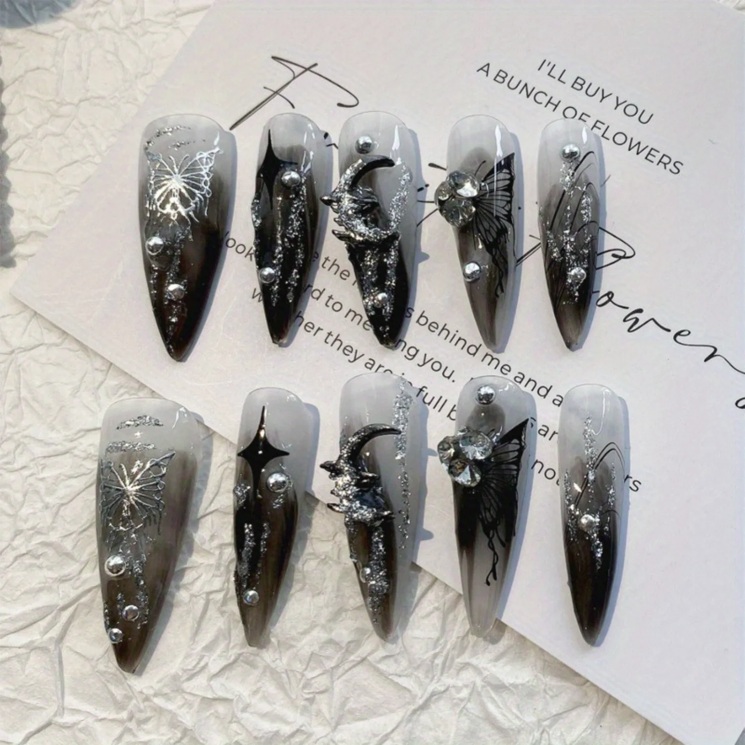 10pcs Gothic Dark punk metal liquid fake nails, 3D decoration, bright water drop manicure, suitable for everyday wear Goth s