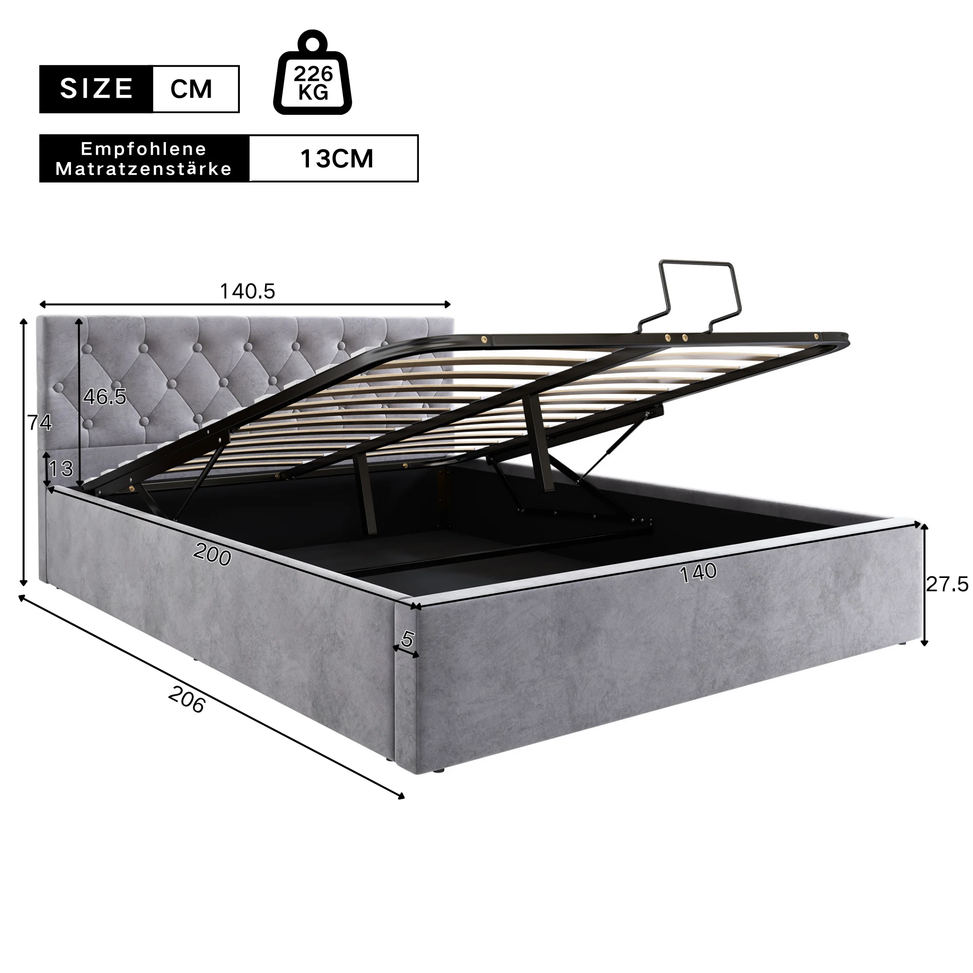 KOMHTOM Grey Velvet Upholstery bed Buttoned Headboard Hydraulic Storage Slatted