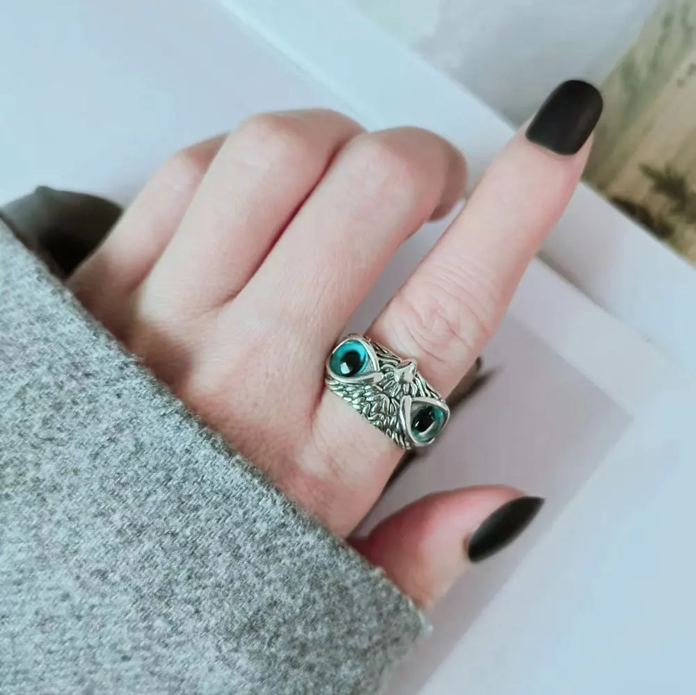 925 Sterling Silver Geometric Retro Owl Rings For Women Men Simple Korean Fashion Open Adjustable Handmade Ring Couple Gifts