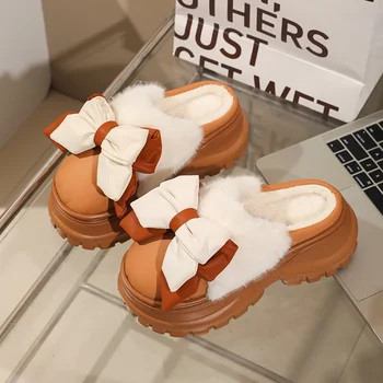 Women Thick Sole Butterfly-knot Cotton Slippers Ladies Casual Anti-slip Sweet Winter Shoes Female Outdoor Fashion Flat Footwear