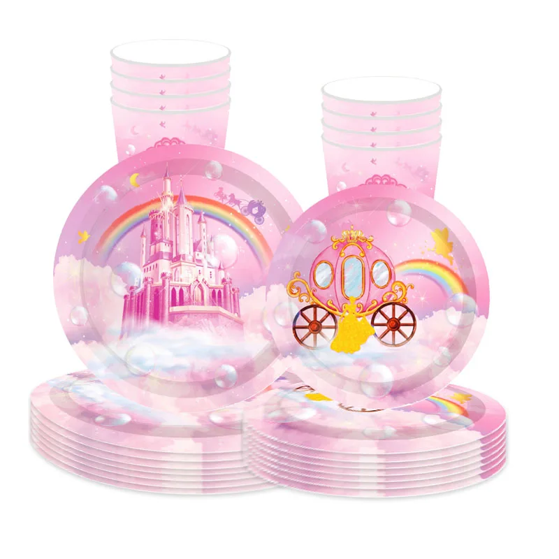 

8 Guests Princess Girl Birthday Theme Tableware Carriage Castle Plates Cups Napkins Happy Princess Birthday Party Supplies