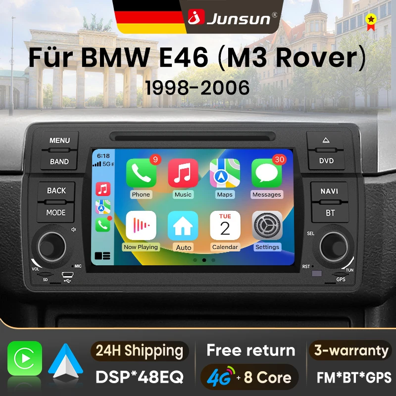 Radio para coche Junsun de 7 pulgadas con sistema Android para BMW E46 M3 318 320 325 330 335 1998-2006, inalámbrico para Apple CarPlay, pantalla IPS, reproductor multimedia estéreo, sistema inteligente para automóvil, 2 Din, autoradio, unidad principal, BT, 4G, WIFI, 8 núcleos, FM, AM, DSP, RDS, SWC, DAB+ 1
