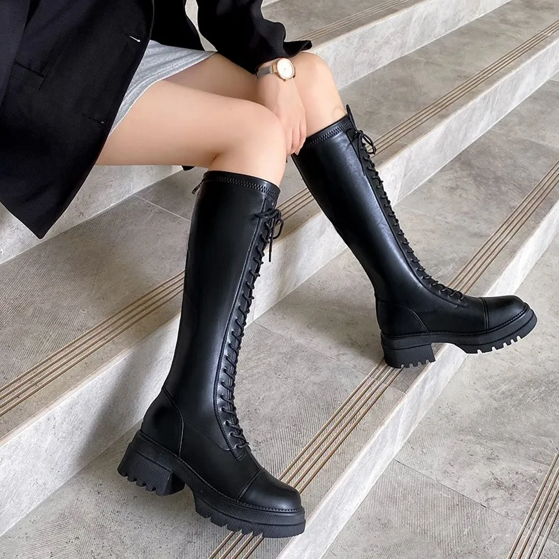 2024 Fashion Winter Motorcycle Boots Shoes AdultFashion Punk Women Mid Boot Leather Side Zipper Shoes Woman High Heels
