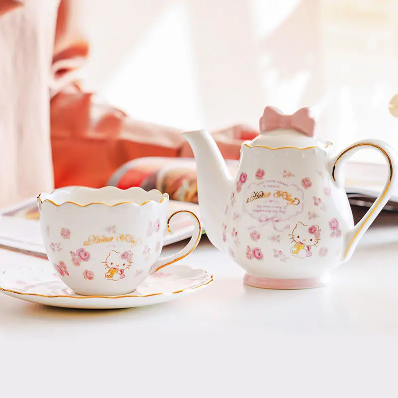 2023 HelloKitty Tea Set Kawaii Sanrio Cartoon Ceramic Tea Pot Tea Cup