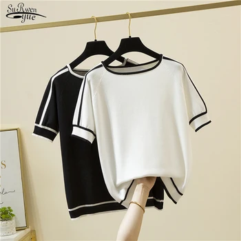 Camisetas Thin Knitted T Shirt Women Short Sleeve Summer Tops Casual Clothes Striped Fashion T-Shirt Tee Shirt Blusas 18841 1