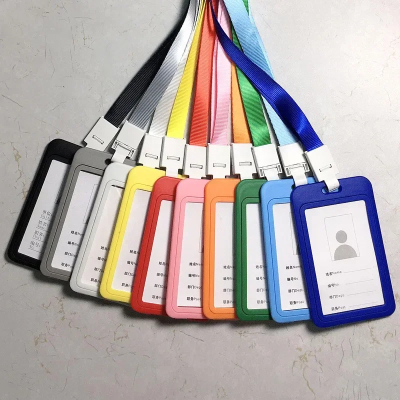 Solid Color Working Permit Case Exhibition ID Card Sleeve Badge Holder with Lanyard Chest Pass Work Card Cover Neck Strap 1Set