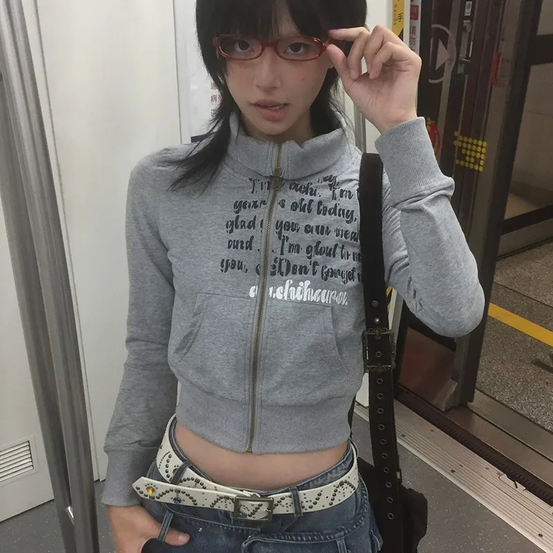 Karrram Japanese Y2k Cropped Jacket Vintage Harajuku Short Coat American Retro Letter Print Zipper Sweatshirt Grunge Outerwear 3