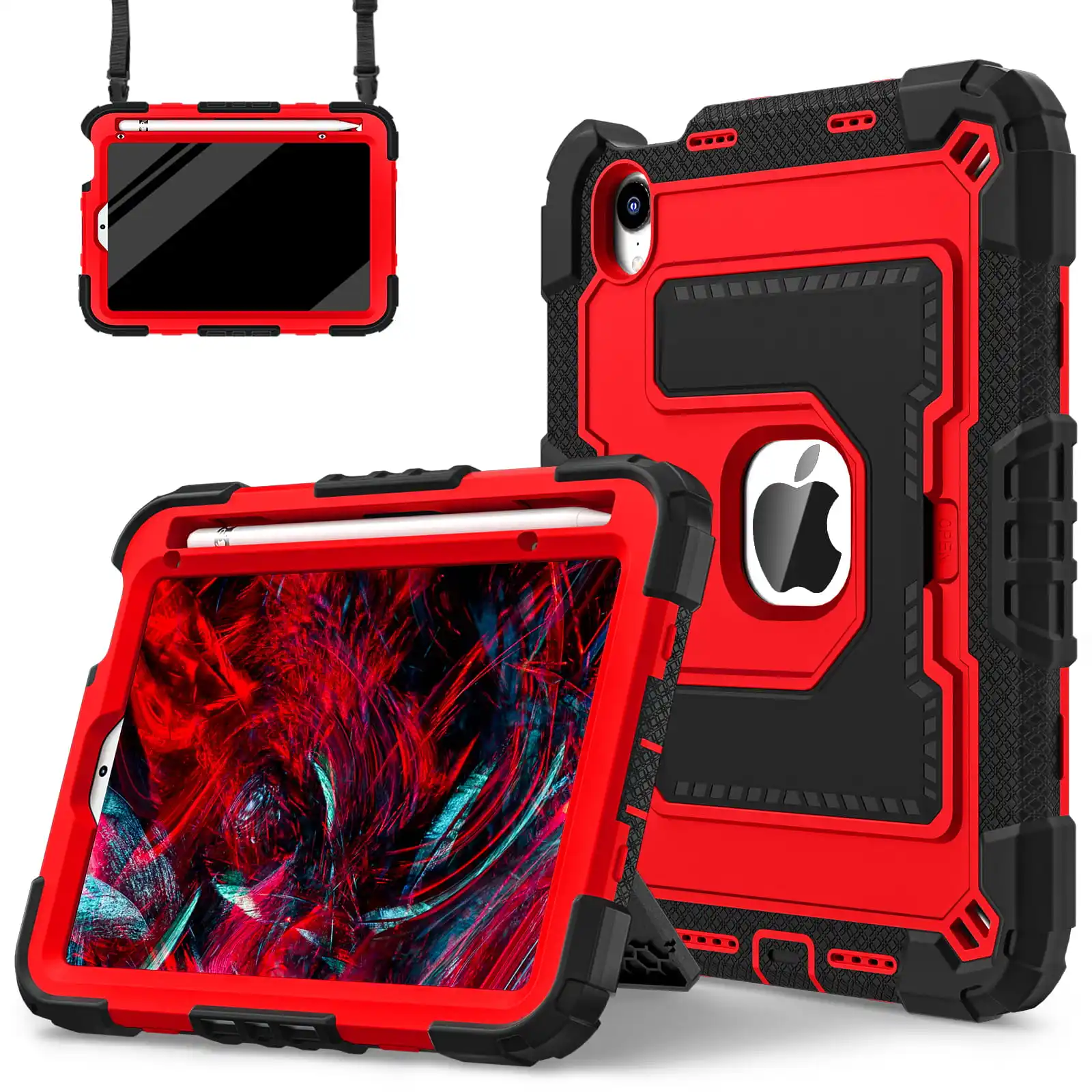 Shockproof iPad Mini Case with Handle Stand and Pen Tray - Non-toxic Soft Silicone Protective Cover with Shoulder Straps