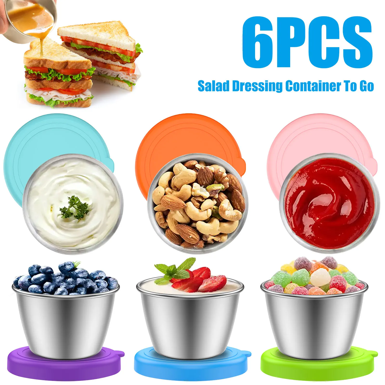 6Pcs 70ml Salad Dressing Container Stainless Steel Portable Silicone Lids Leakproof Dipping Sauce Condiment Box 2