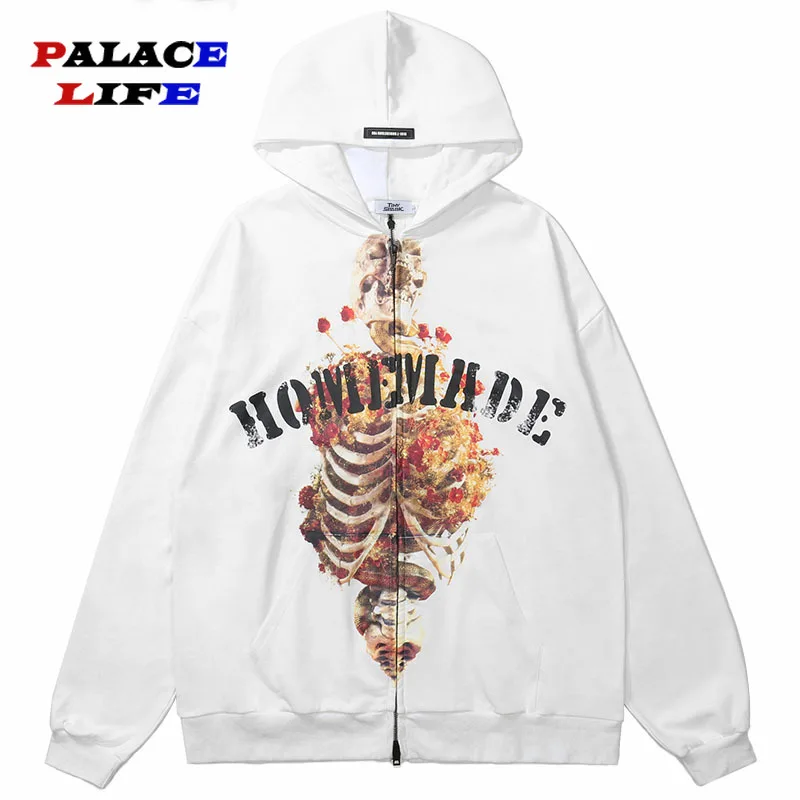 

2022 Harajuku Cotton Jacket Hip Hop Streetwear Hooded Jacket Double-Sides Zip Up Skeleton Rose Graphic Men Jacket Coat Autumn